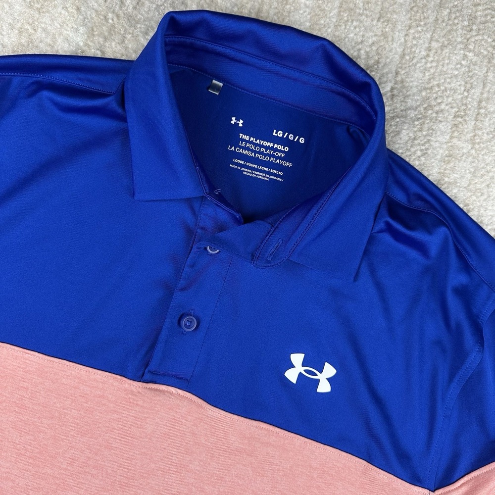 Under Armour Men's L The Playoff Polo Rugby Golf Polo Colorblock Blue Pink White